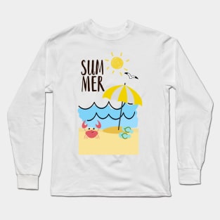 Summer, crab, parasol, slippers, beach, waves, sun Long Sleeve T-Shirt